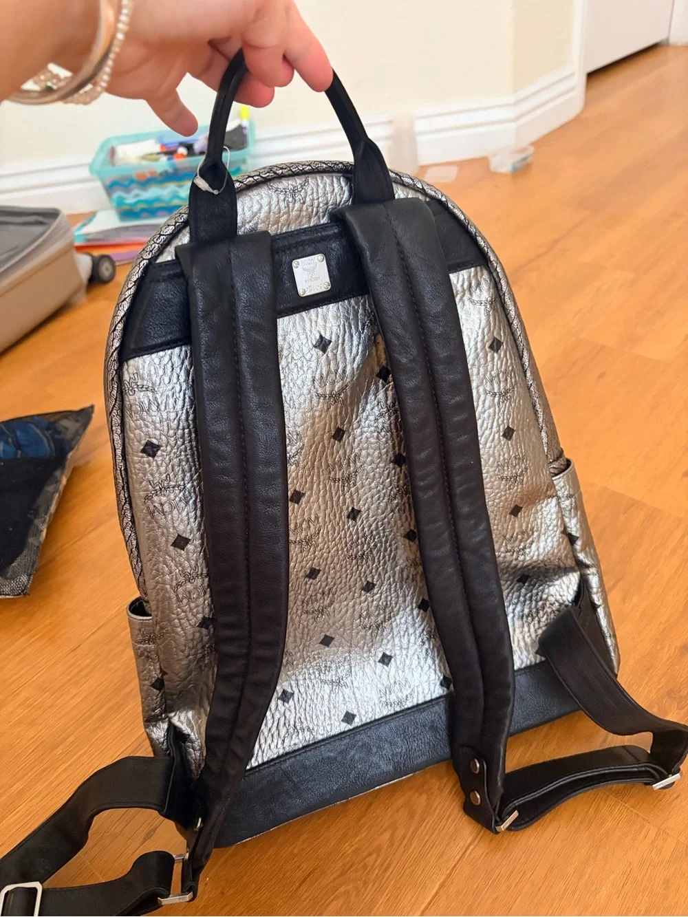 MCM Silver Leather Backpack with Purple Fur Pom